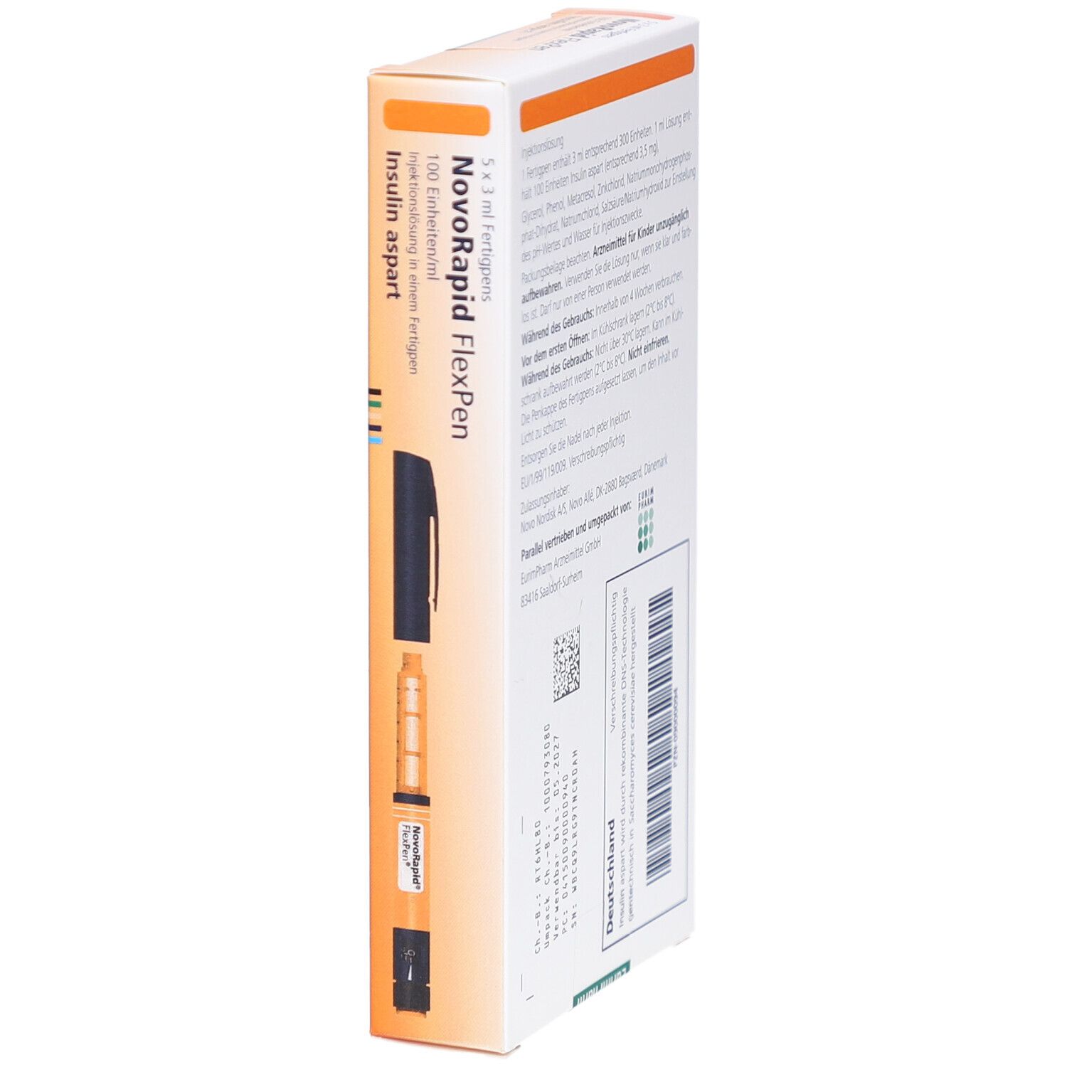 NovoRapid FlexPen-Verpackung. Schachtel in Schrägansicht. Produktname, FlexPen-Abbildung und Informationen. Text auf weißem Hintergrund.