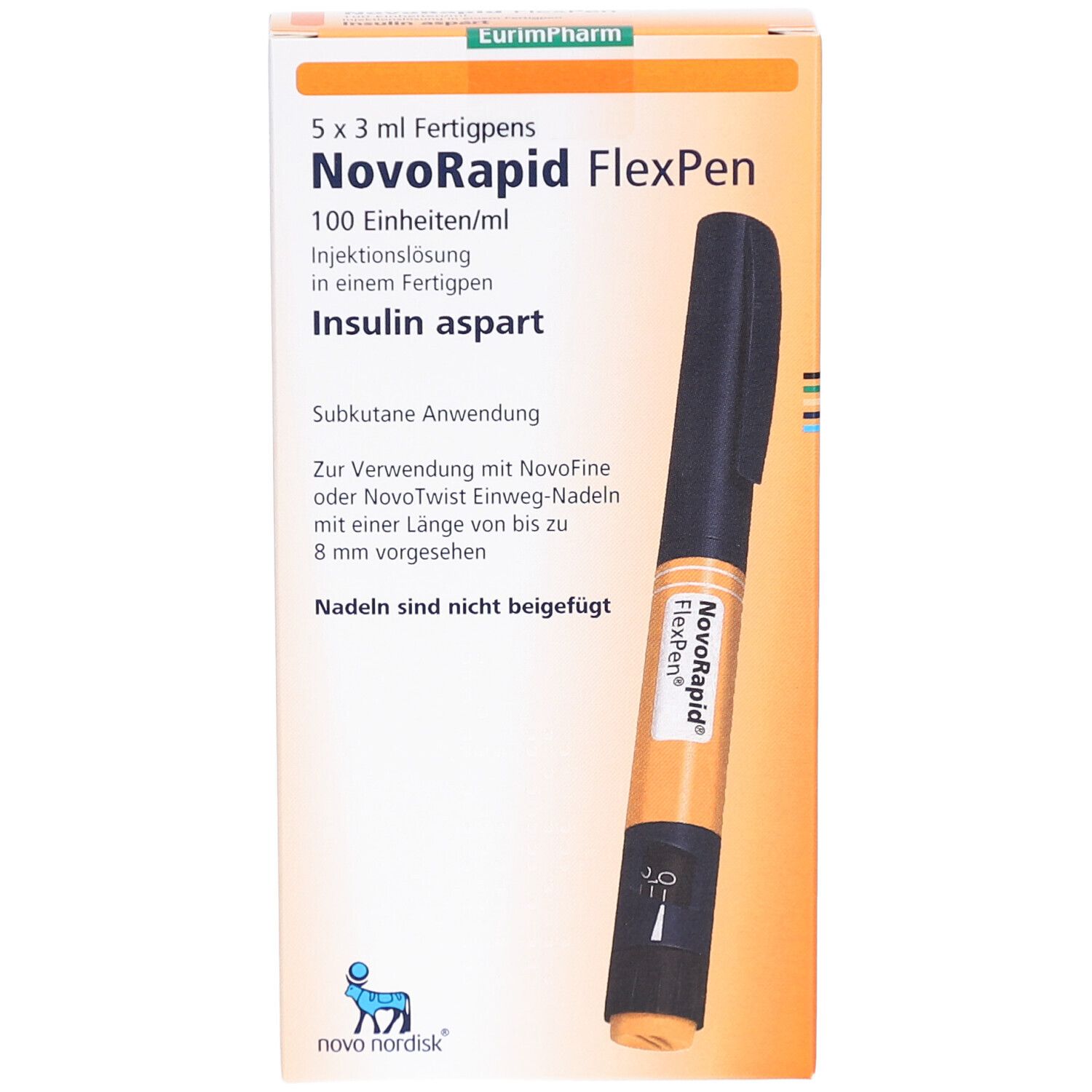NovoRapid FlexPen-Packung. Orange-weiße Schachtel mit Produktnamen und FlexPen-Abbildung. Enthält 5 Fertigpens.