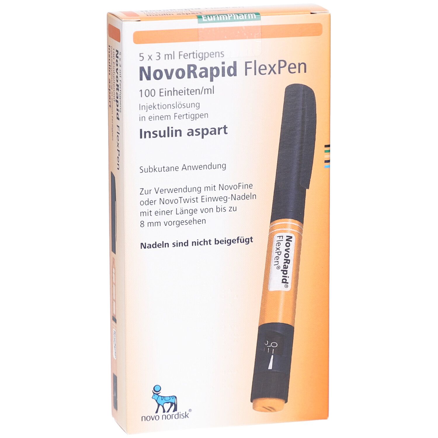 NovoRapid FlexPen-Packung. Orange-weiße Schachtel mit Produktnamen und FlexPen-Abbildung. Enthält 5 Fertigpens.
