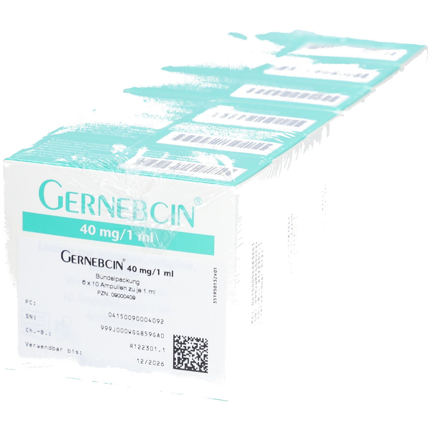 Gernebcin 40 mg/1 ml. Weiße Schachtel mit blauer Schrift. Packung mit Ampullen. Aufdrucke: Name, Dosierung, Chargennummer, Verfallsdatum.