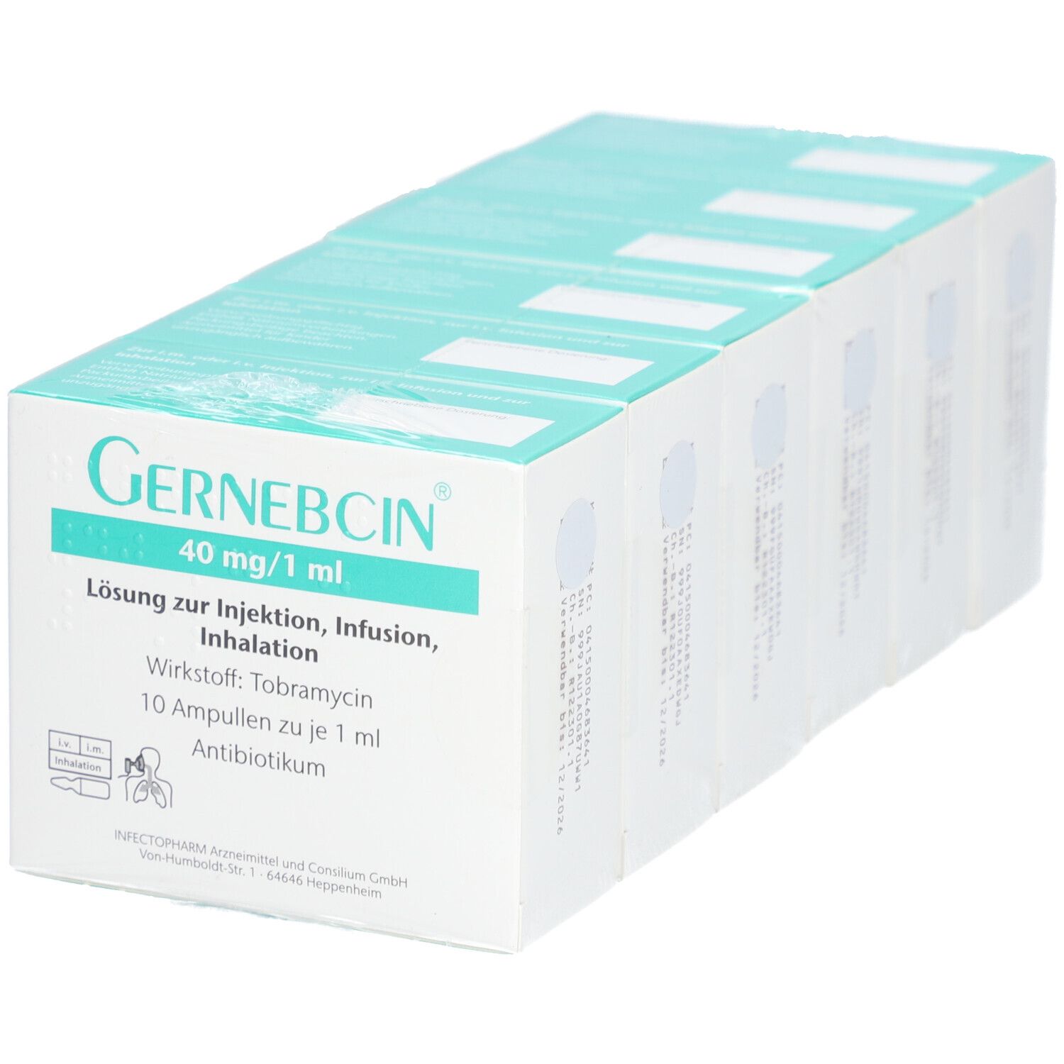 Gernebcin 40 mg/1 ml. Schachtel mit Ampullen. Weiße Schachtel mit blauer Schrift. Aufdrucke: Name, Dosierung, Wirkstoff, Antibiotikum.