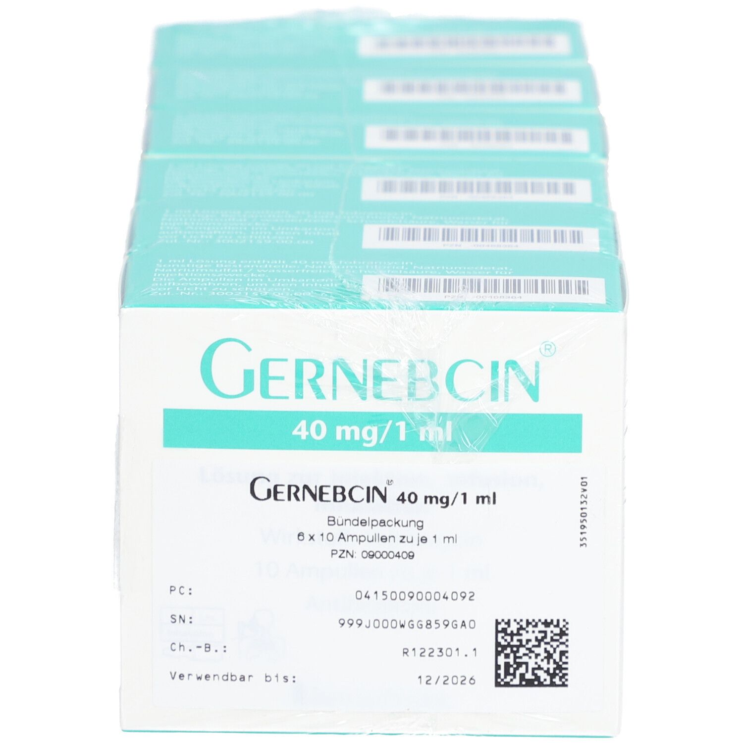Gernebcin 40 mg/1 ml. Weiße Schachtel mit blauer Schrift. Packung mit Ampullen. Aufdrucke: Name, Dosierung, Chargennummer, Verfallsdatum.