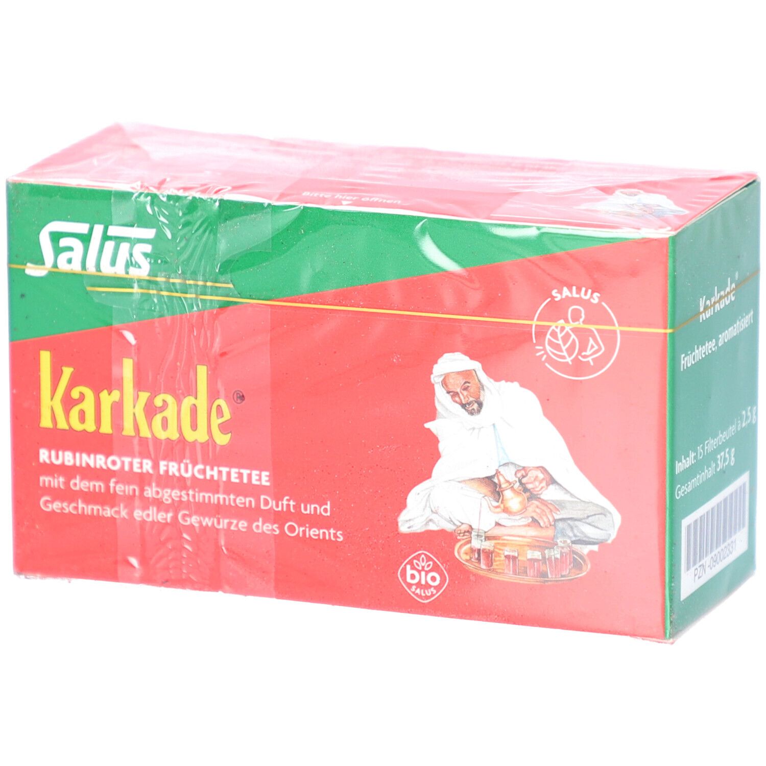 Karkade-Früchtetee-Packung. Rote Schachtel mit Salus-Logo, Mann mit Wasserpfeife, Bio-Siegel.