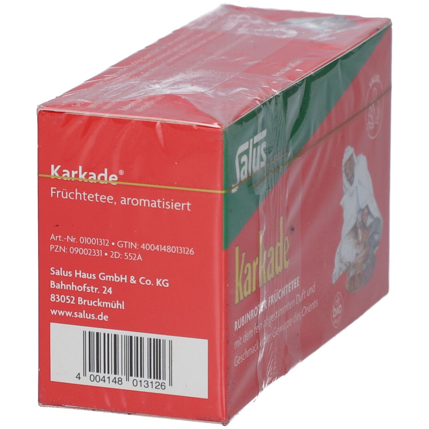 Karkade-Früchtetee-Packung, Seitenansicht. Rote Schachtel mit Salus-Logo, Barcode und Adresse.