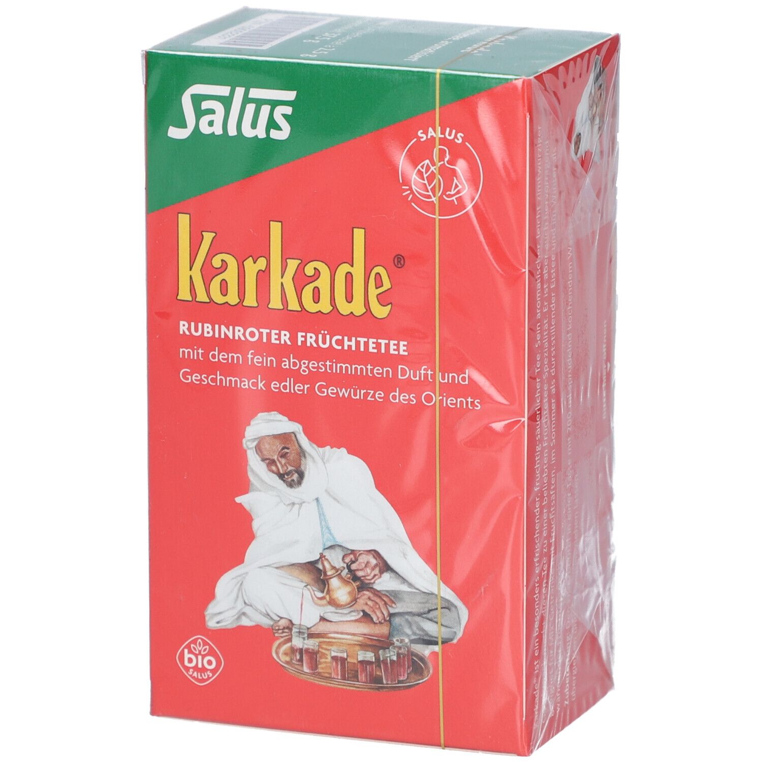 Karkade-Früchtetee-Packung. Rote Schachtel mit Salus-Logo, Mann mit Wasserpfeife, Bio-Siegel.
