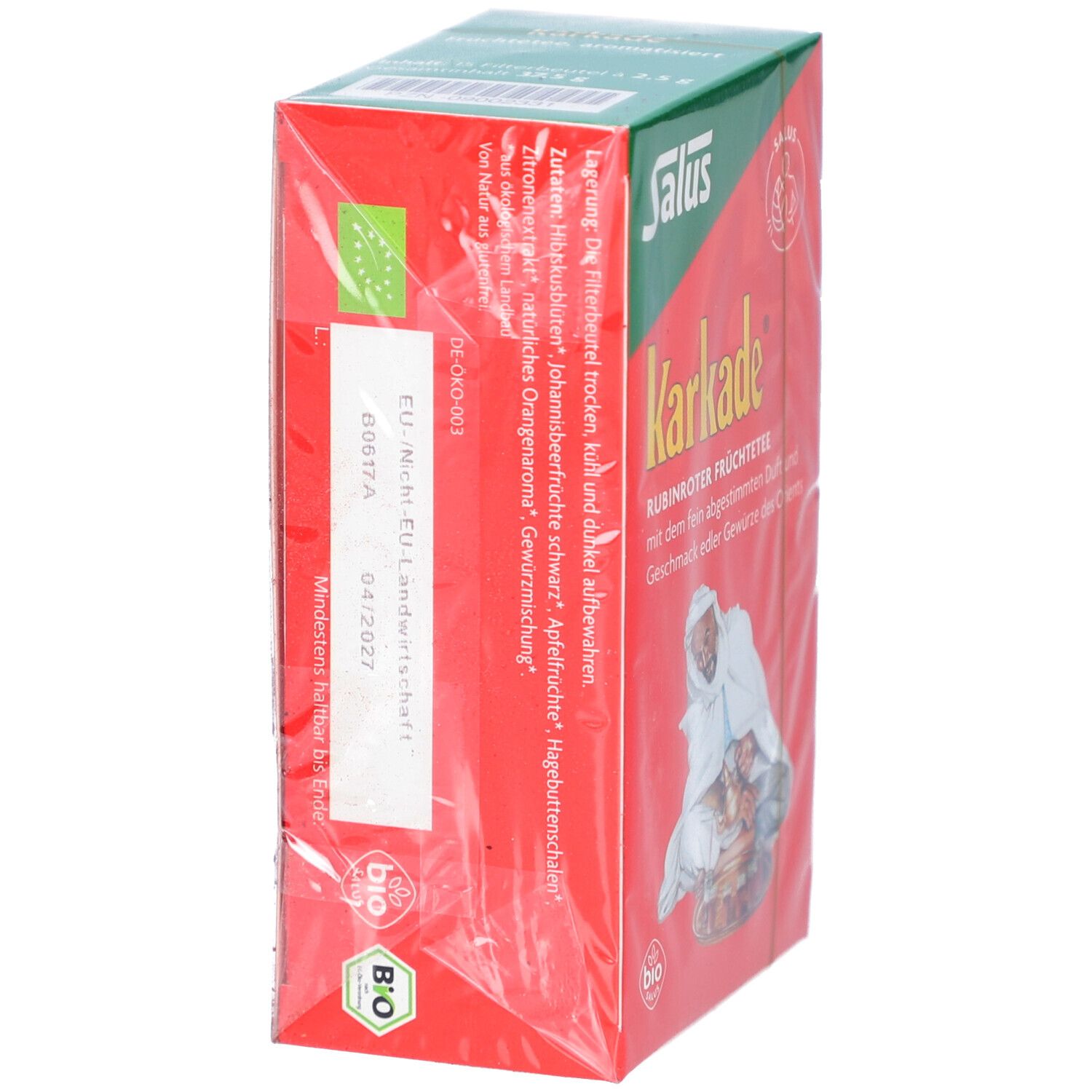 Karkade-Früchtetee-Packung, Seitenansicht. Rote Schachtel mit Salus-Logo, Bio-Siegel, Zutatenliste.