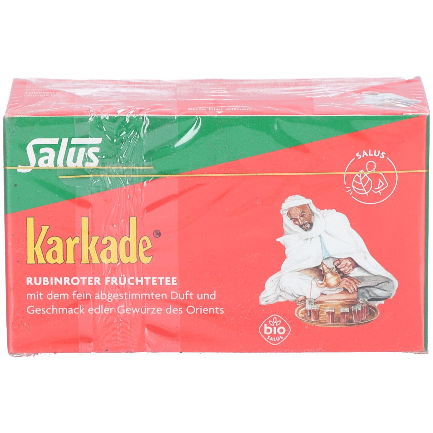 Karkade-Früchtetee-Packung. Rote Schachtel mit Salus-Logo, Mann mit Wasserpfeife, Bio-Siegel.
