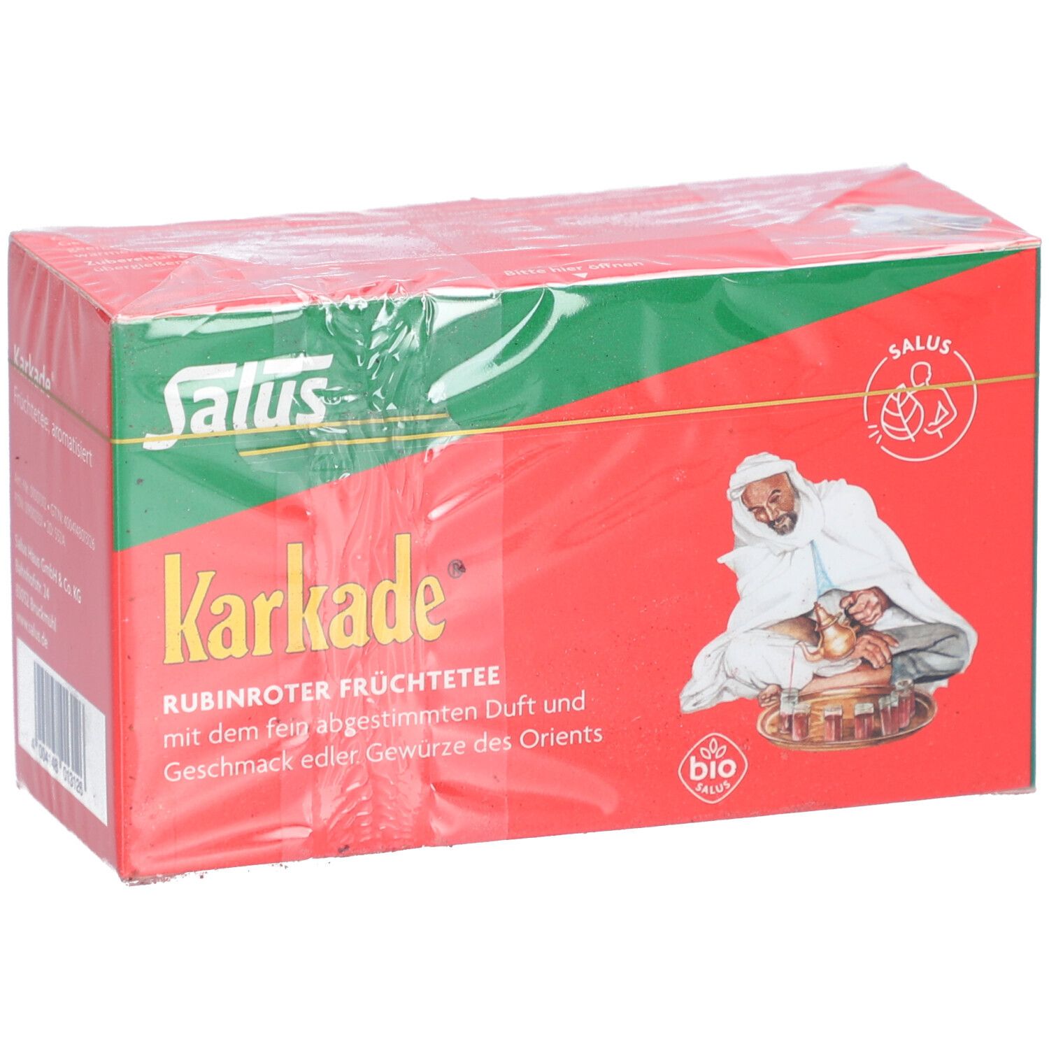 Karkade-Früchtetee-Packung. Rote Schachtel mit Salus-Logo, Mann mit Wasserpfeife, Bio-Siegel.