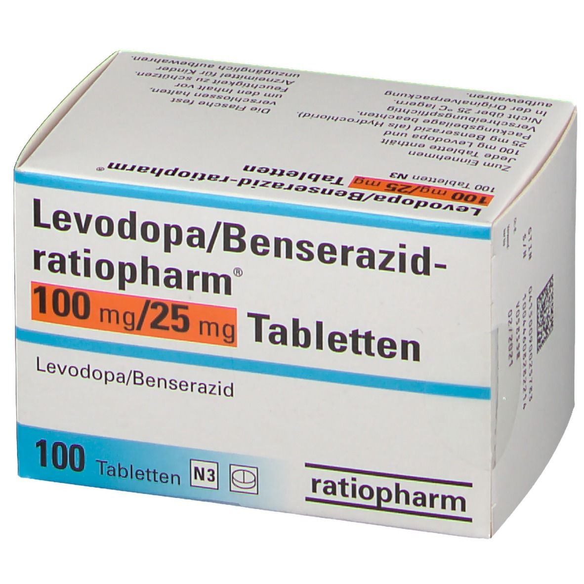Schachtel mit Tabletten. Aufdruck: Levodopa/Benserazid-ratiopharm 100 mg/25 mg Tabletten. 100 Tabletten. ratiopharm Logo.