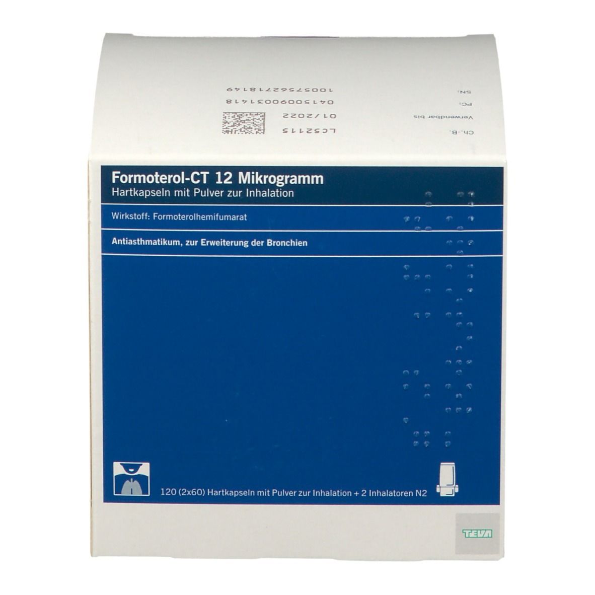 Formoterol-CT 12 Mikrogramm Verpackung mit blauer Banderole, Brailleschrift und Symbolen für Inhalation.