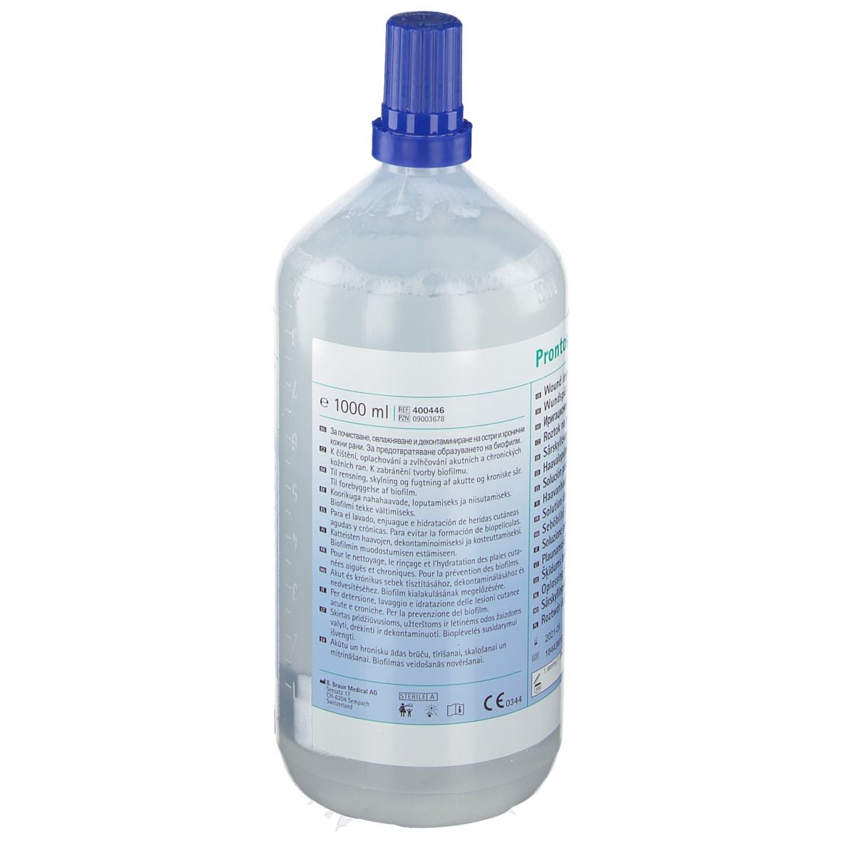 Flasche mit klarer Flüssigkeit und blauem Verschluss. Aufschrift: Prontosan, 1000 ml. Text auf Etikett.