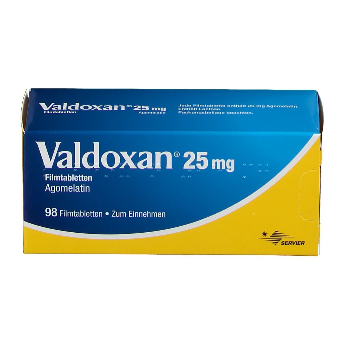 Schachtel Valdoxan 25 mg. Blaue und gelbe Verpackung. Aufschrift: 98 Filmtabletten. Herstellerlogo.