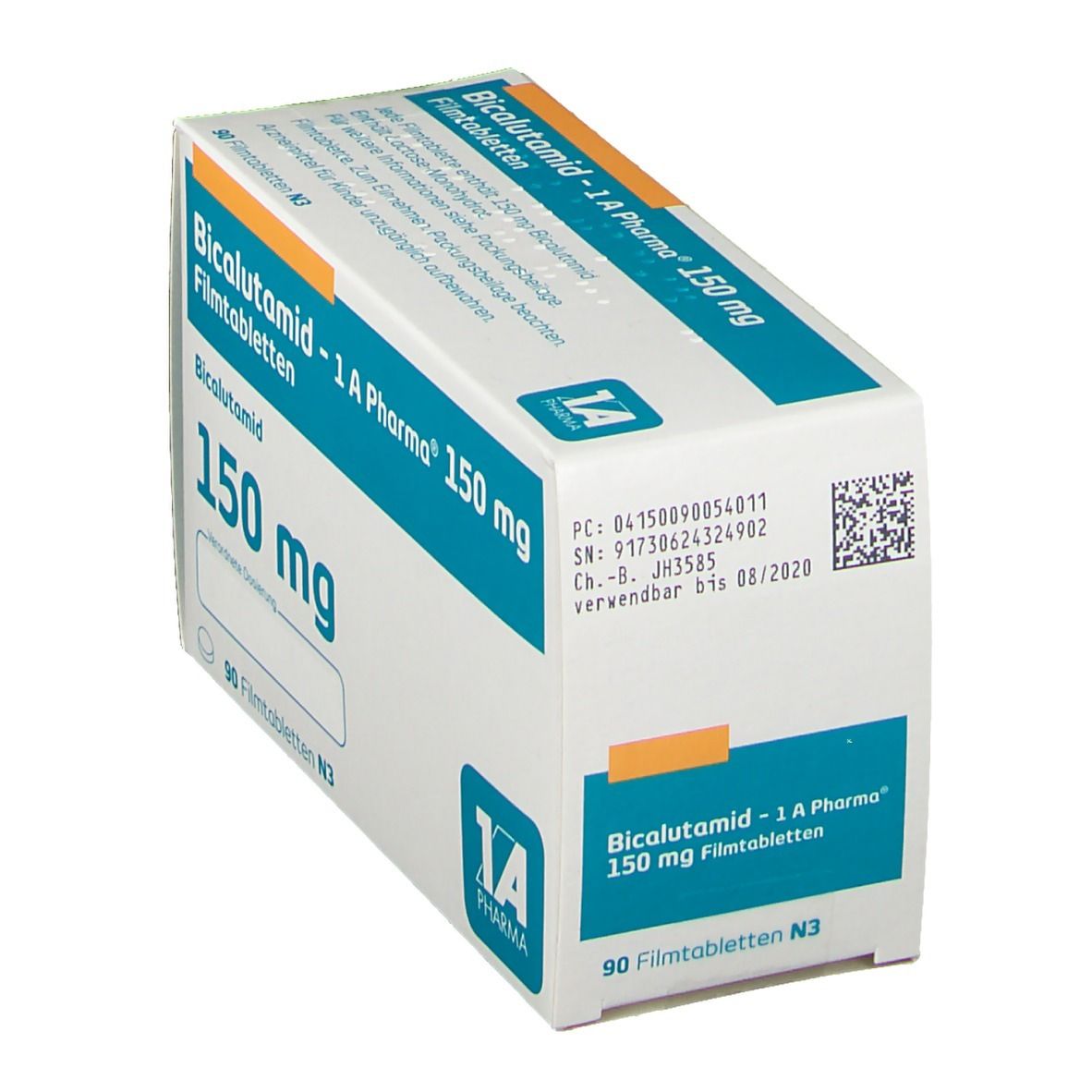 Bicalutamid - 1 A Pharma 150 mg Filmtabletten-Packung. Weiße Schachtel mit blauen Akzenten. 150 mg und Chargennummer sichtbar.