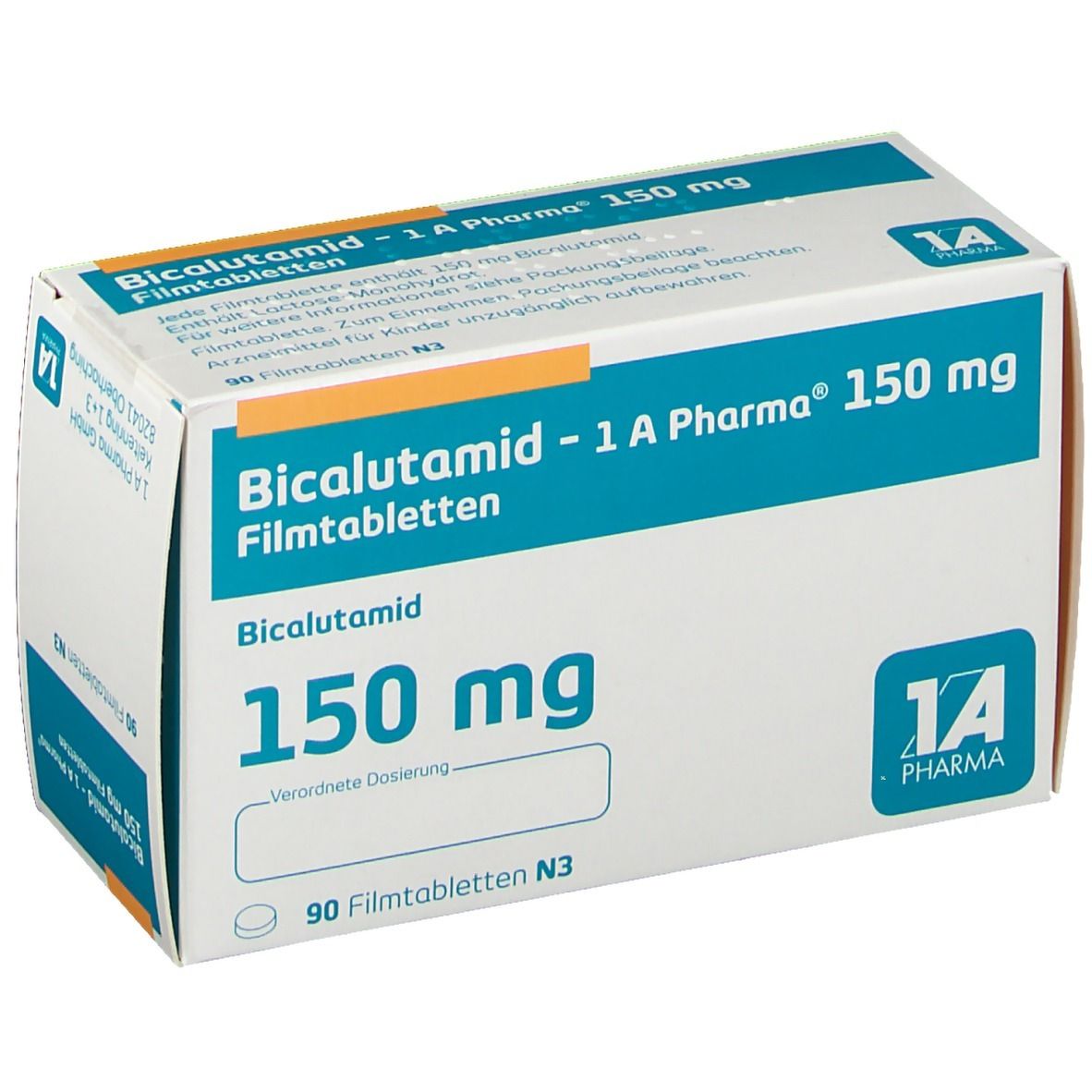 Bicalutamid - 1 A Pharma 150 mg Filmtabletten-Packung. Weiße Schachtel mit blauen und orangen Akzenten. 150 mg deutlich sichtbar.