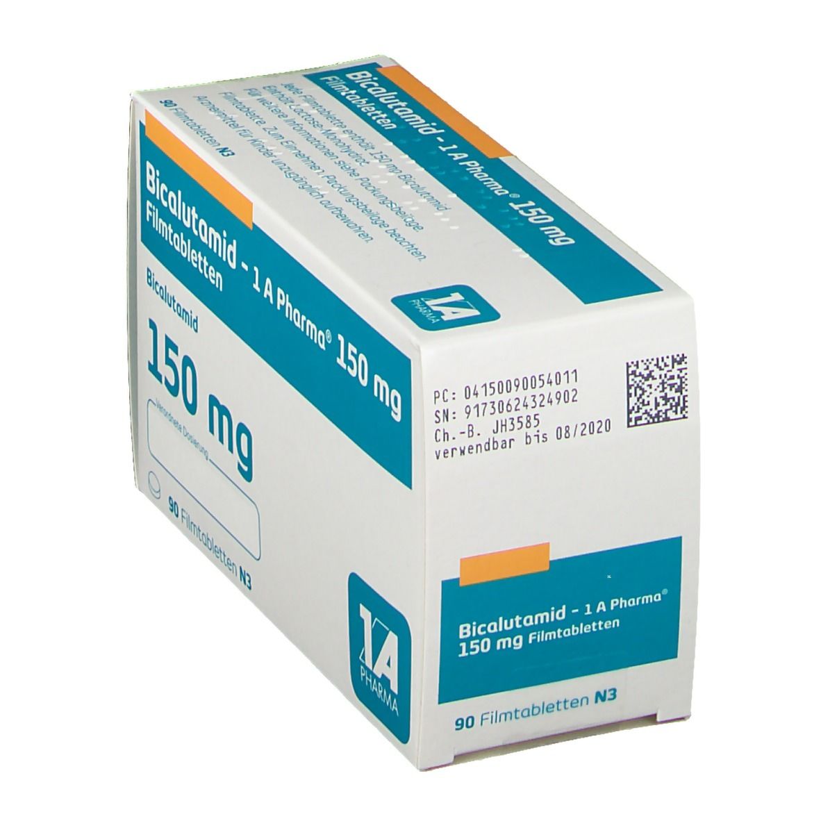 Bicalutamid - 1 A Pharma 150 mg Filmtabletten-Packung. Weiße Schachtel mit blauen Akzenten. 150 mg und Chargennummer sichtbar.