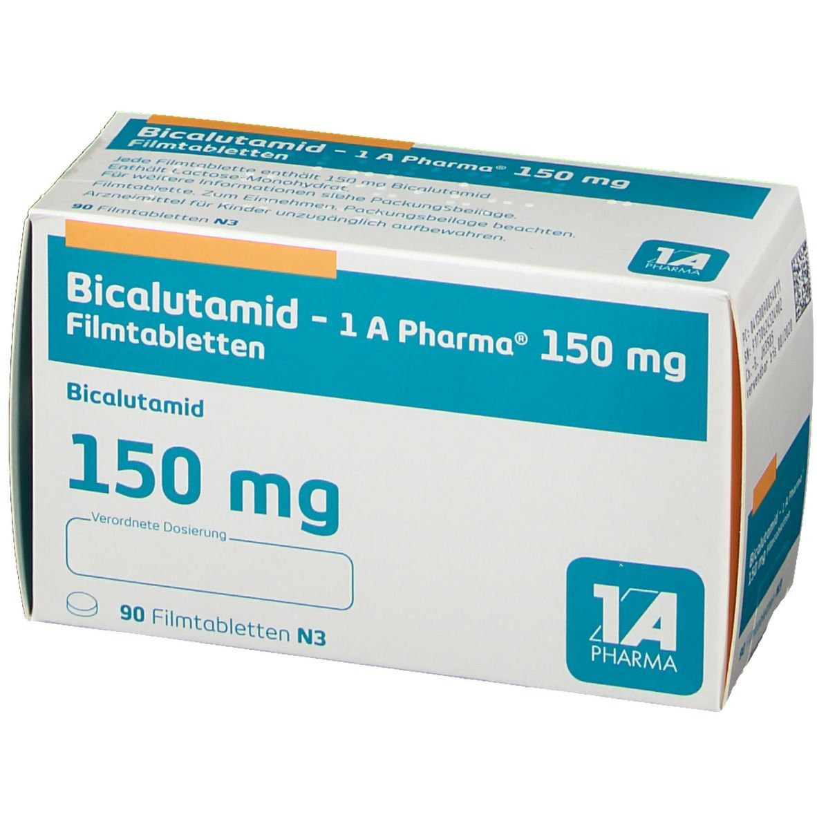 Bicalutamid - 1 A Pharma 150 mg Filmtabletten-Packung. Weiße Schachtel mit blauen Akzenten. 150 mg deutlich sichtbar.