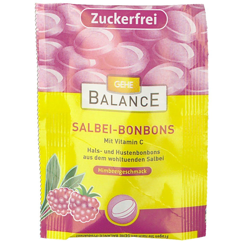 Verpackung mit GEHE Balance Salbei-Bonbons Himbeergeschmack. Gelb-rosa Verpackung mit Produktnamen und Zuckerfrei-Hinweis.