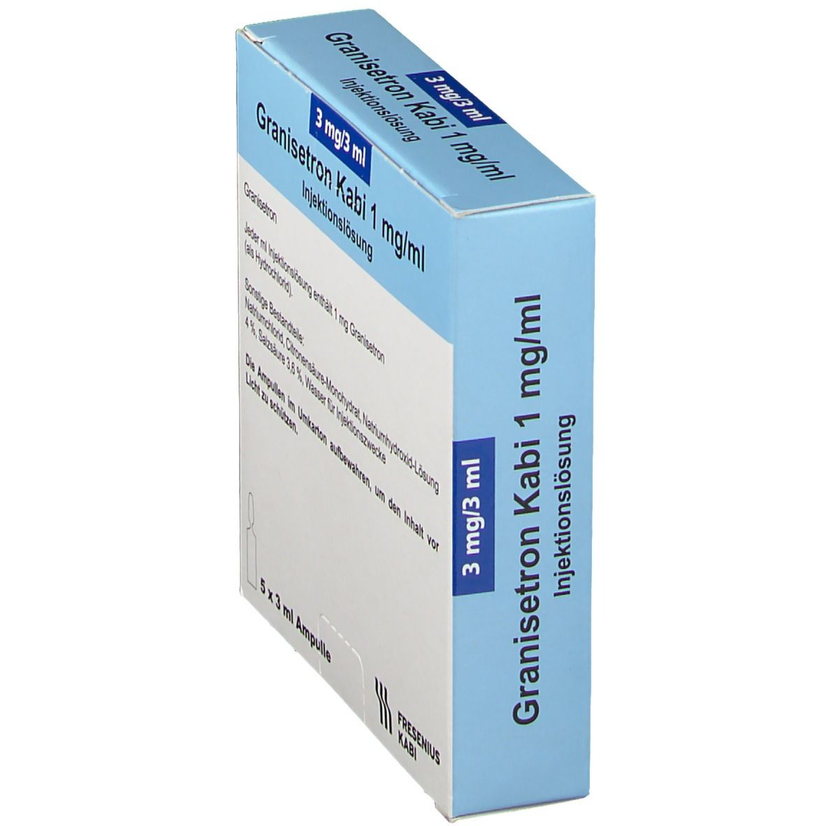 Schräg stehende, blau-weiße Faltschachtel mit Granisetron Kabi 1 mg/ml. Aufdruck: 3 mg/3 ml, Injektionslösung.
