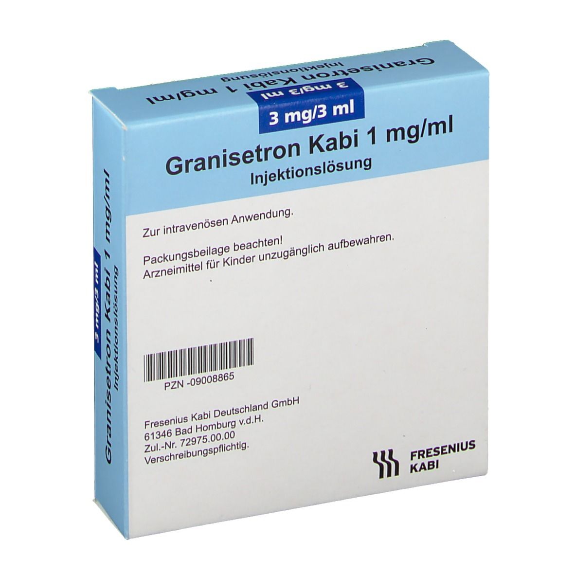 Rückseite einer blau-weißen Faltschachtel mit Granisetron Kabi 1 mg/ml. Barcode und Herstellerinformationen.