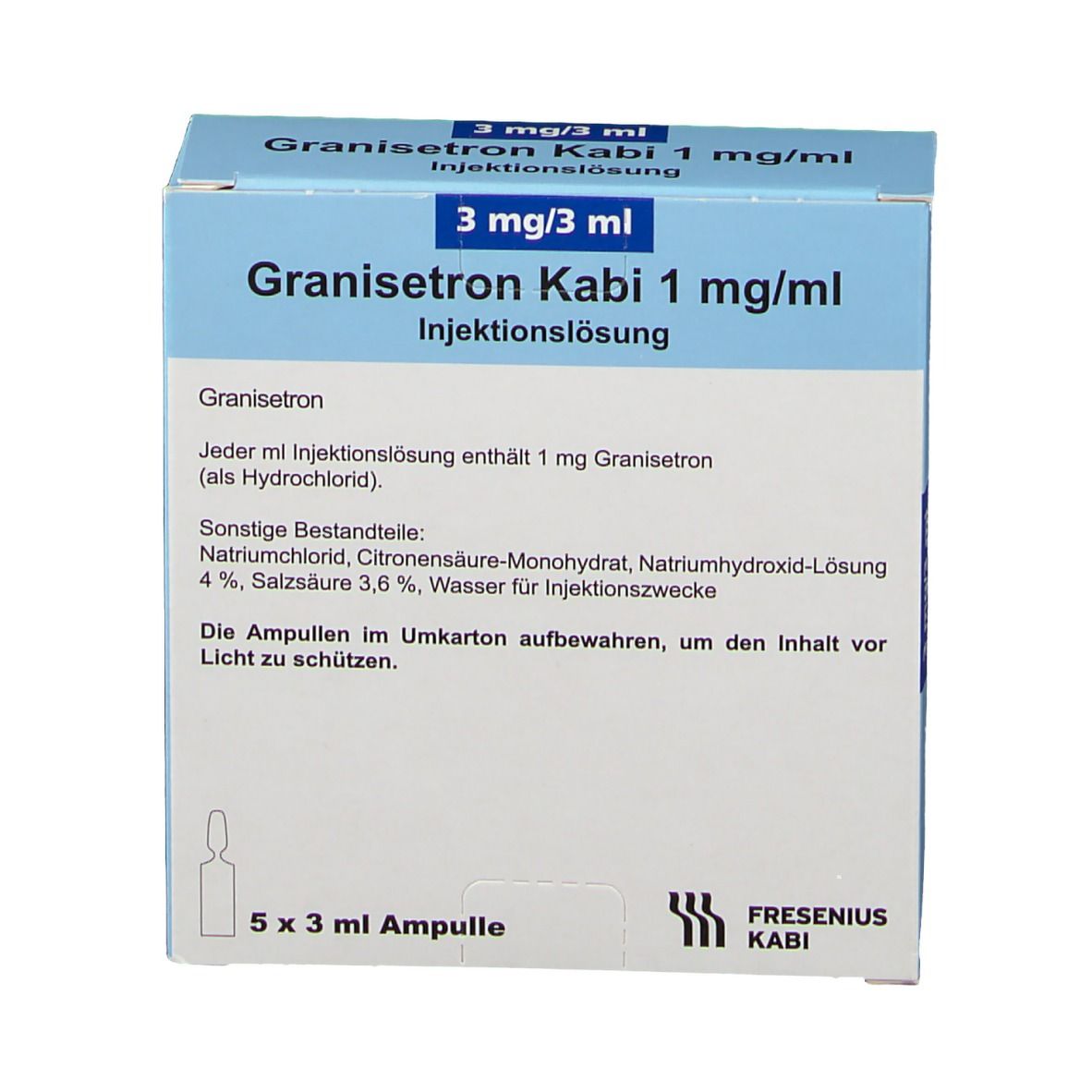 Blau-weiße Faltschachtel mit Granisetron Kabi 1 mg/ml. Aufdruck: 3 mg/3 ml, Injektionslösung. 5 Ampullen sichtbar.