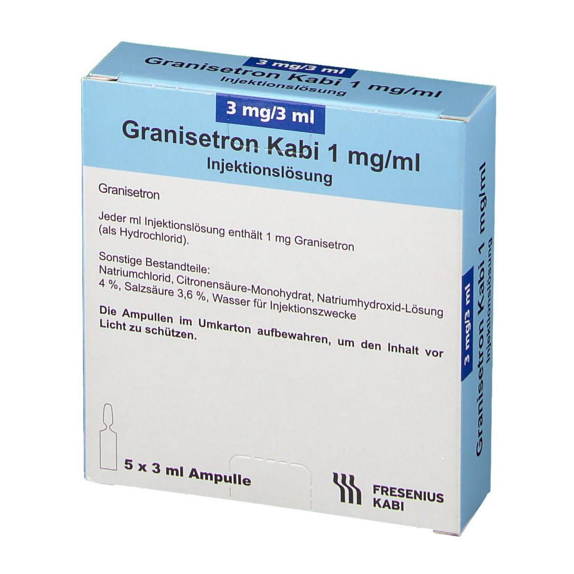 Blau-weiße Faltschachtel mit Granisetron Kabi 1 mg/ml. Aufdruck: 3 mg/3 ml, Injektionslösung. 5 Ampullen sichtbar.