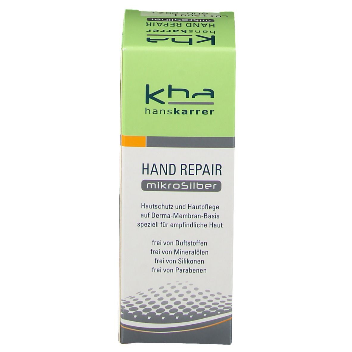 Vorderseite der Kartonverpackung. Aufschrift: kha hanskarrer, HAND REPAIR Mikrosilber. Text: Hautschutz und Hautpflege.