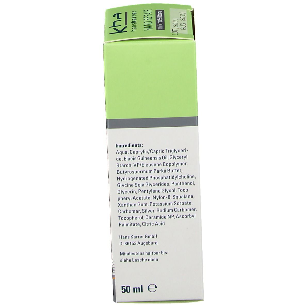 Rückseite der Kartonverpackung. Text: Inhaltsstoffe, 50 ml. Mindestens haltbar bis: siehe Lasche oben.