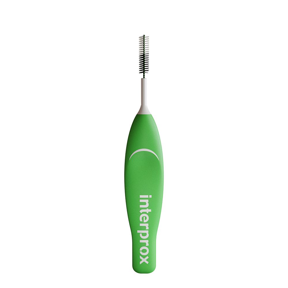 Grüne Interdentalbürste mit weißem Griff und Bürstenkopf.