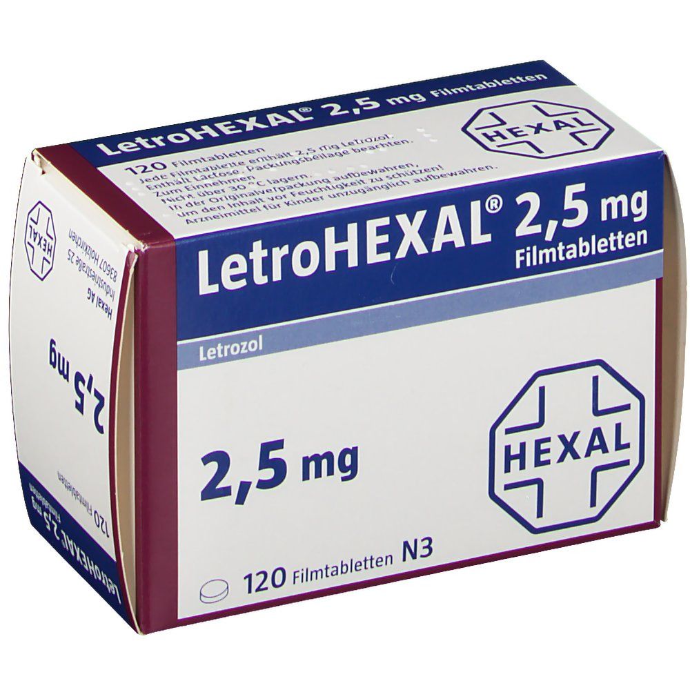 Verpackung von LETROHEXAL 2,5 mg Filmtabletten. Aufschrift: LetroHEXAL 2,5 mg, 120 Filmtabletten. Logo: HEXAL. Farbgebung: Weiß, Rot, Blau.