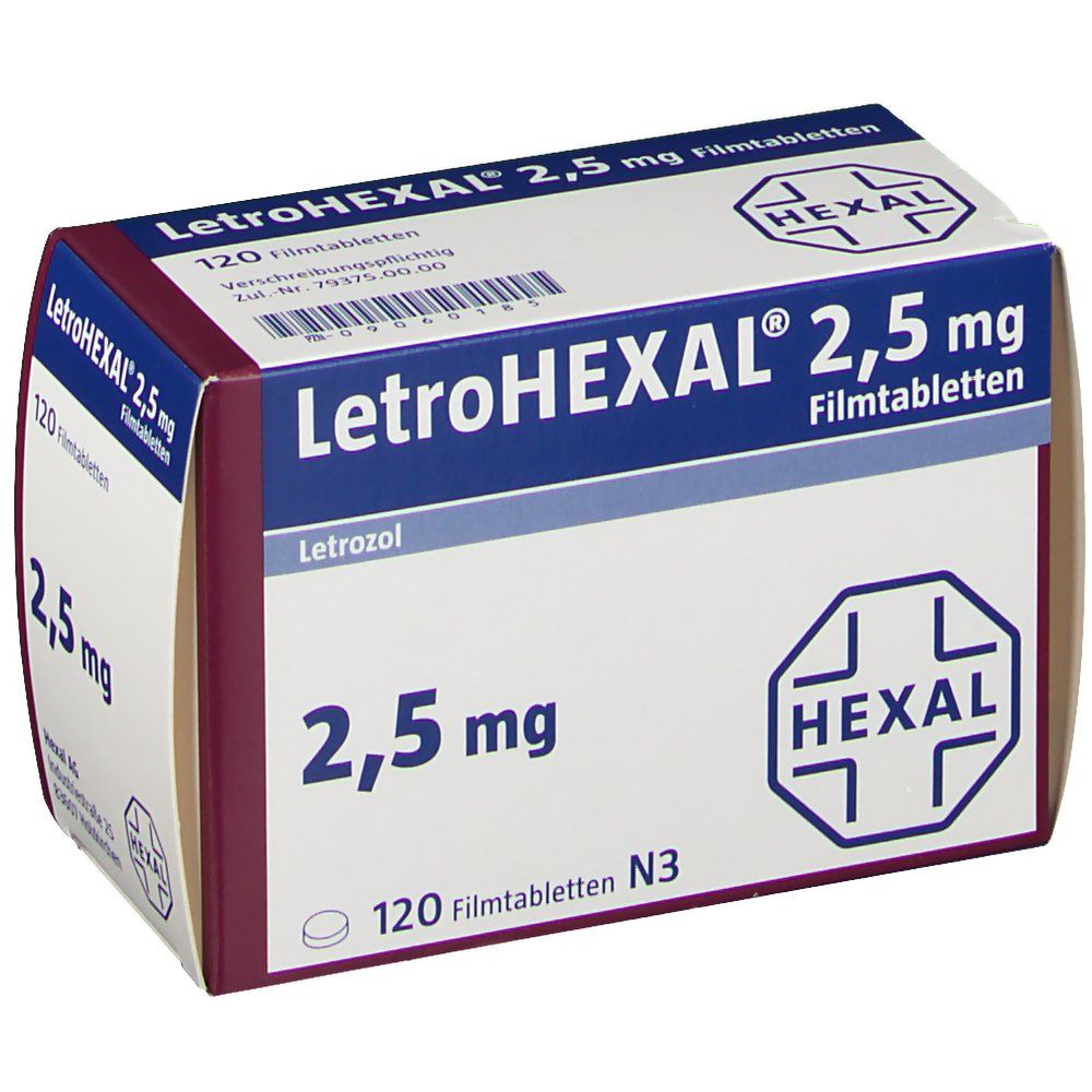 Verpackung von LETROHEXAL 2,5 mg Filmtabletten. Aufschrift: LetroHEXAL 2,5 mg, 120 Filmtabletten. Logo: HEXAL. Farbgebung: Weiß, Rot, Blau.