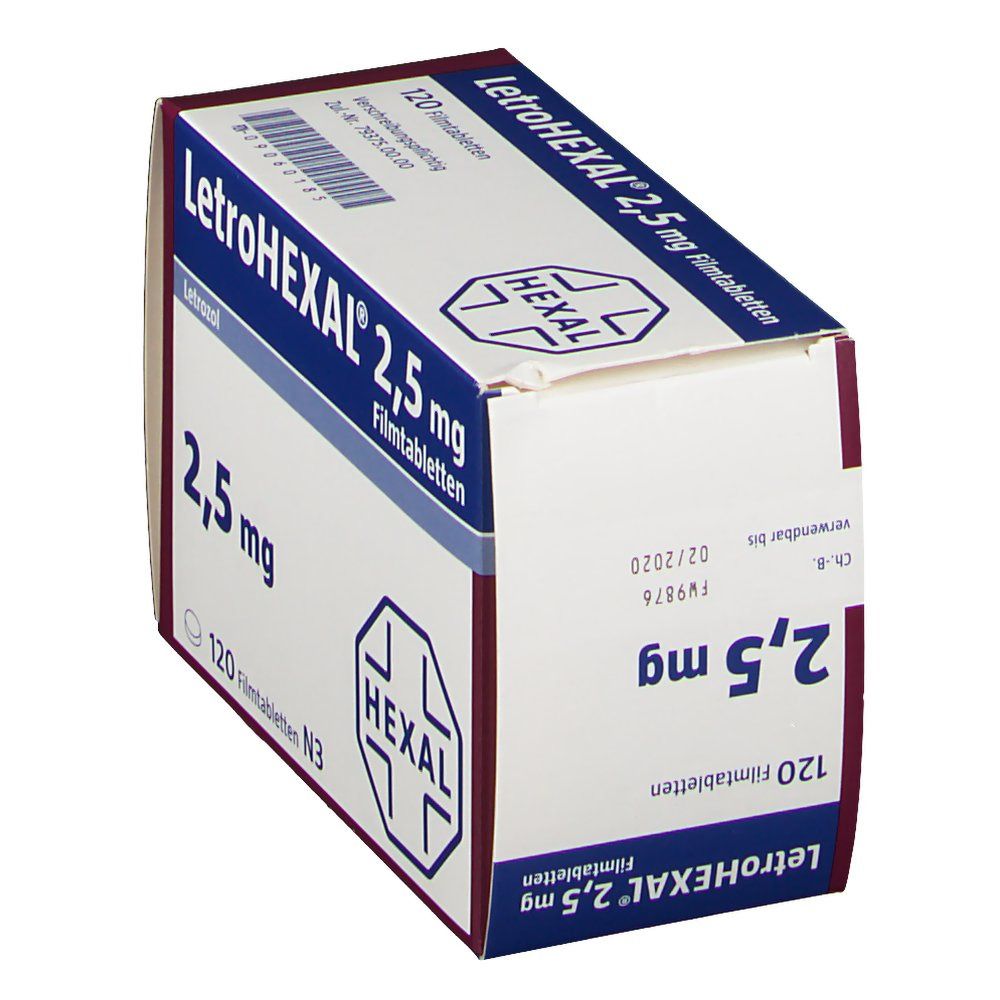 Schräg gestellte Verpackung von LETROHEXAL 2,5 mg Filmtabletten. Aufschrift: LetroHEXAL 2,5 mg, 120 Filmtabletten. Logo: HEXAL. Farbgebung: Weiß, Rot, Blau.