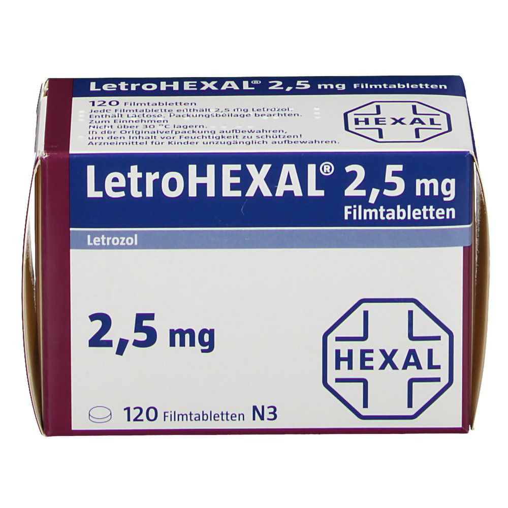 Verpackung von LETROHEXAL 2,5 mg Filmtabletten. Aufschrift: LetroHEXAL 2,5 mg, 120 Filmtabletten. Logo: HEXAL. Farbgebung: Weiß, Rot, Blau.
