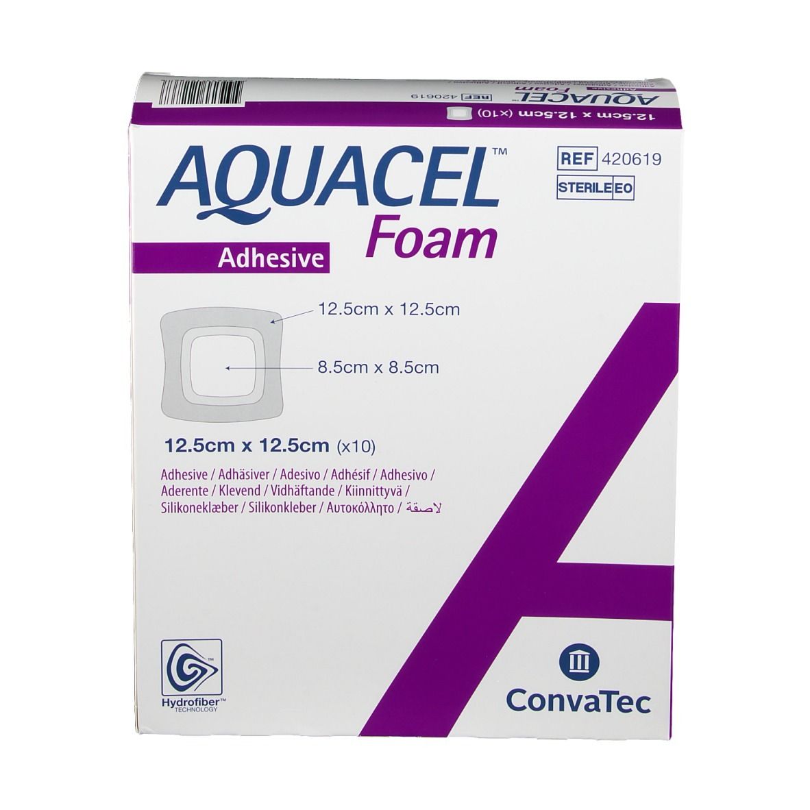 AQUACEL Foam adhäsiv Verband-Verpackung. Produktabbildung, Größenangaben 12,5 cm x 12,5 cm. Hersteller ConvaTec. Steril.