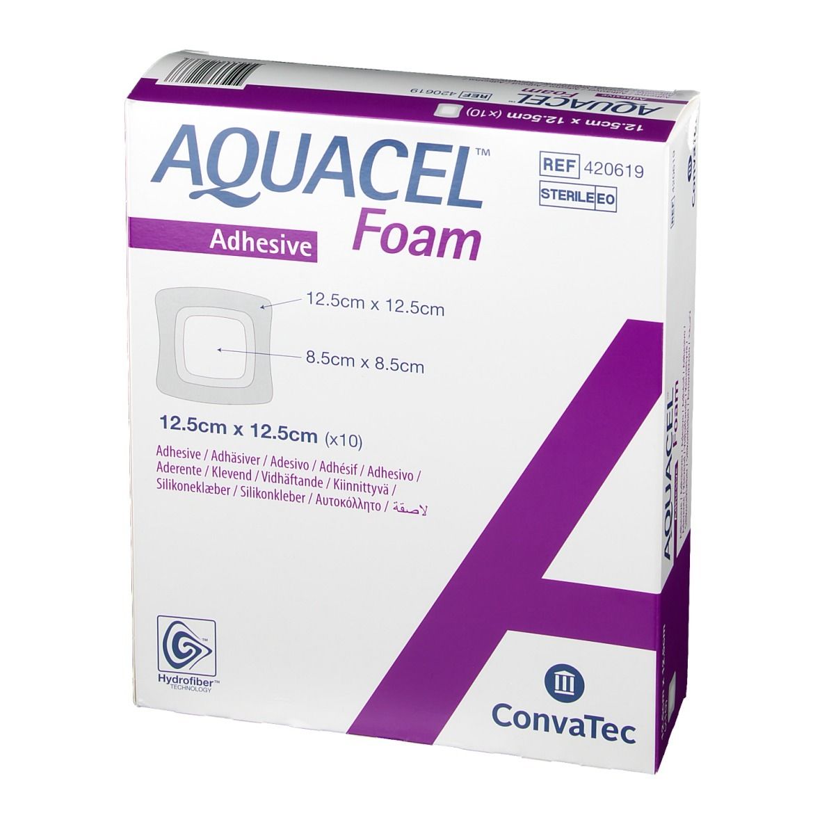 AQUACEL Foam adhäsiv Verband-Verpackung. Produktabbildung, Größenangaben 12,5 cm x 12,5 cm. Hersteller ConvaTec. Steril.