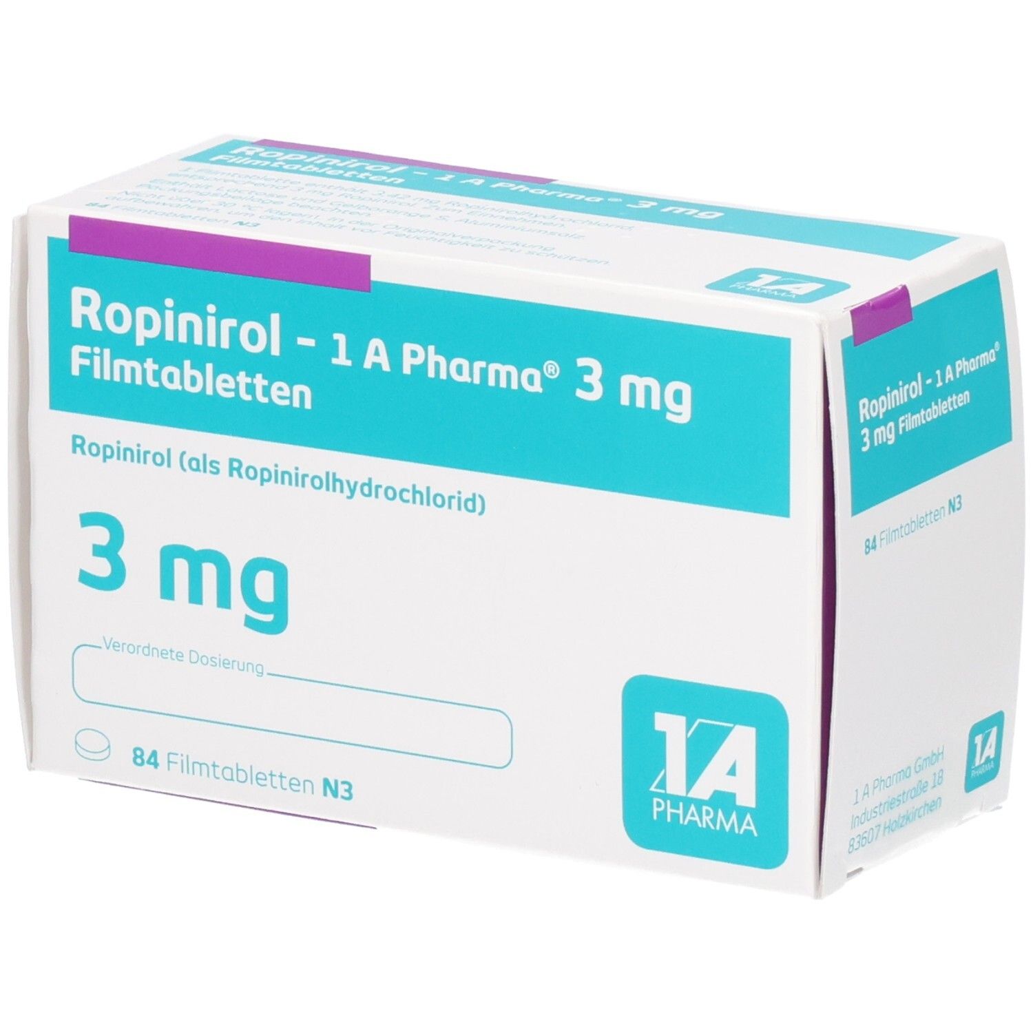 Arzneimittelverpackung mit Produktnamen und Dosierung. Blaue und weiße Schachtel mit lila Akzenten. 84 Filmtabletten.