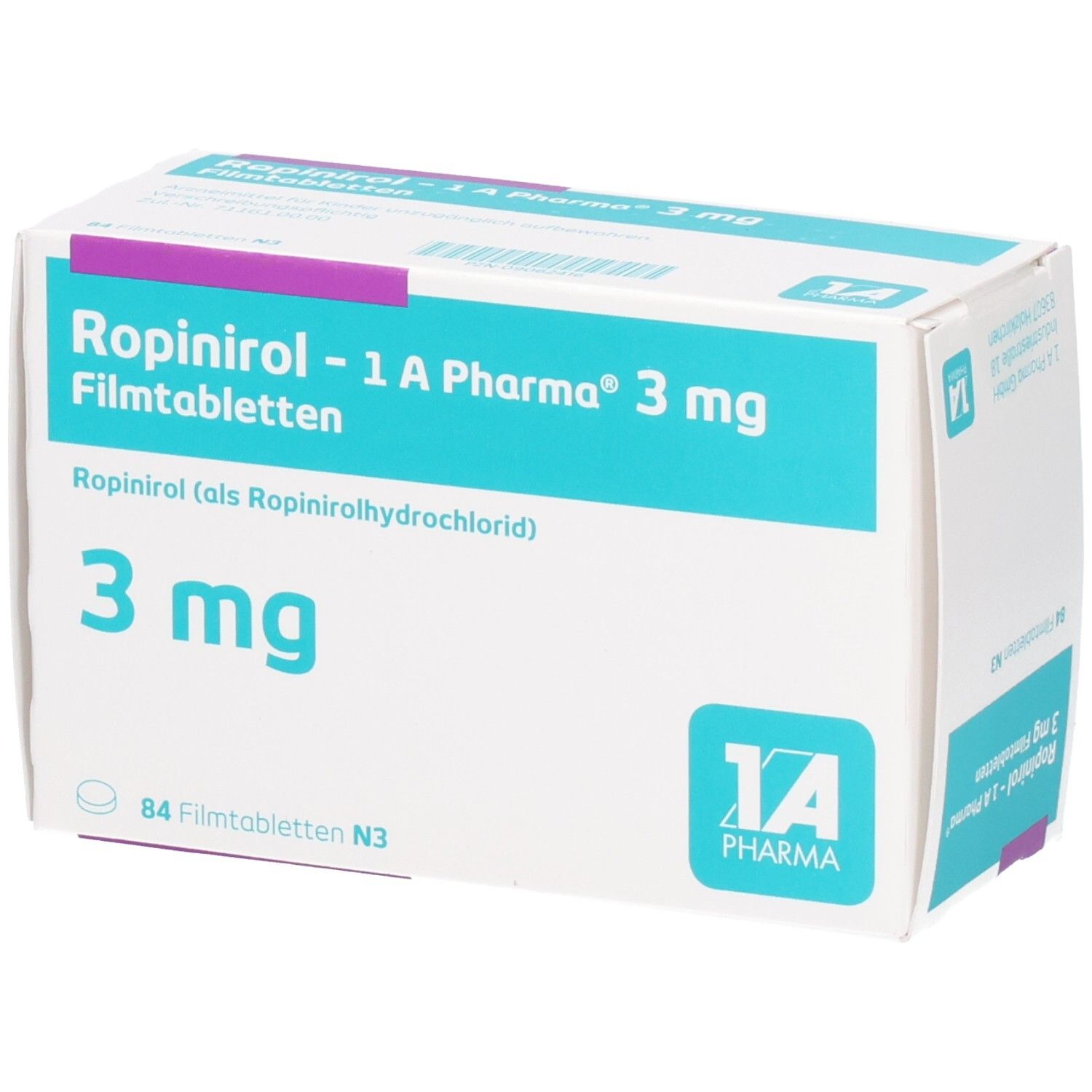 Arzneimittelverpackung mit Produktnamen und Dosierung. Blaue und weiße Schachtel mit lila Akzenten. 84 Filmtabletten.