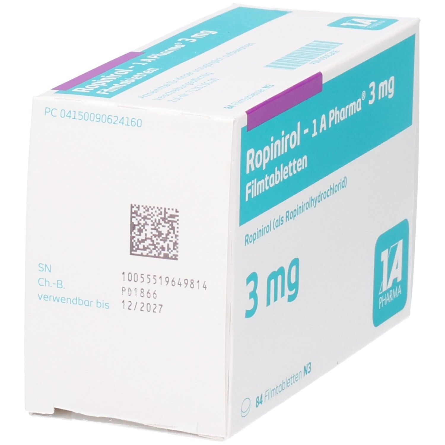 Arzneimittelverpackung, schräg. Produktname und Dosierung sichtbar. Weiße und blaue Schachtel mit lila Akzenten. Text und Barcode.