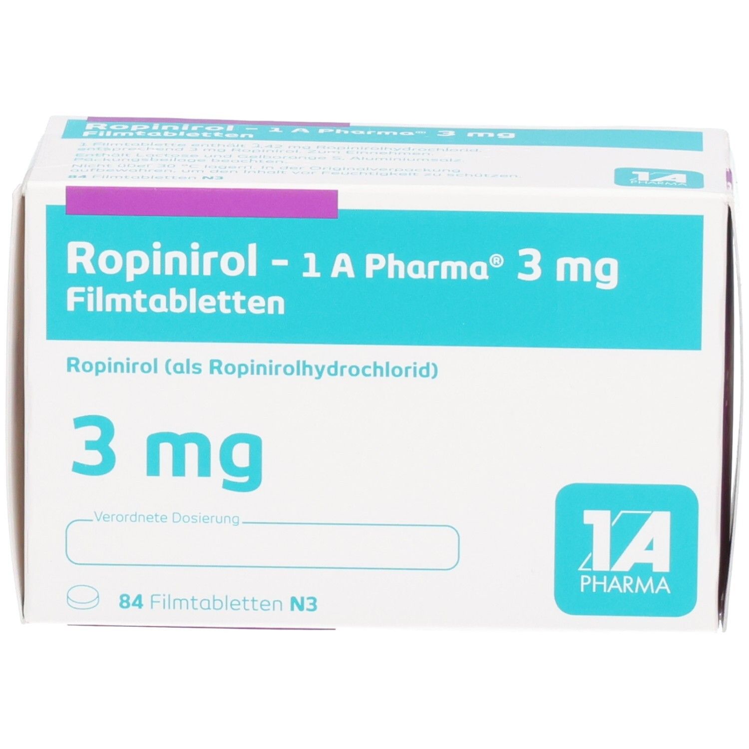 Arzneimittelverpackung mit Produktnamen und Dosierung. Blaue und weiße Schachtel mit lila Akzenten. 84 Filmtabletten.