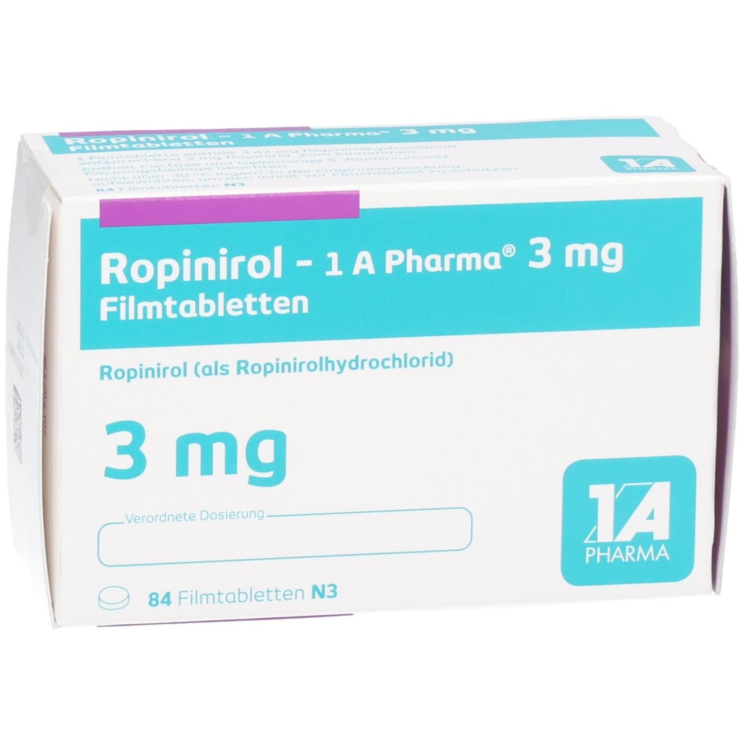 Arzneimittelverpackung mit Produktnamen und Dosierung. Blaue und weiße Schachtel mit lila Akzenten. 84 Filmtabletten.