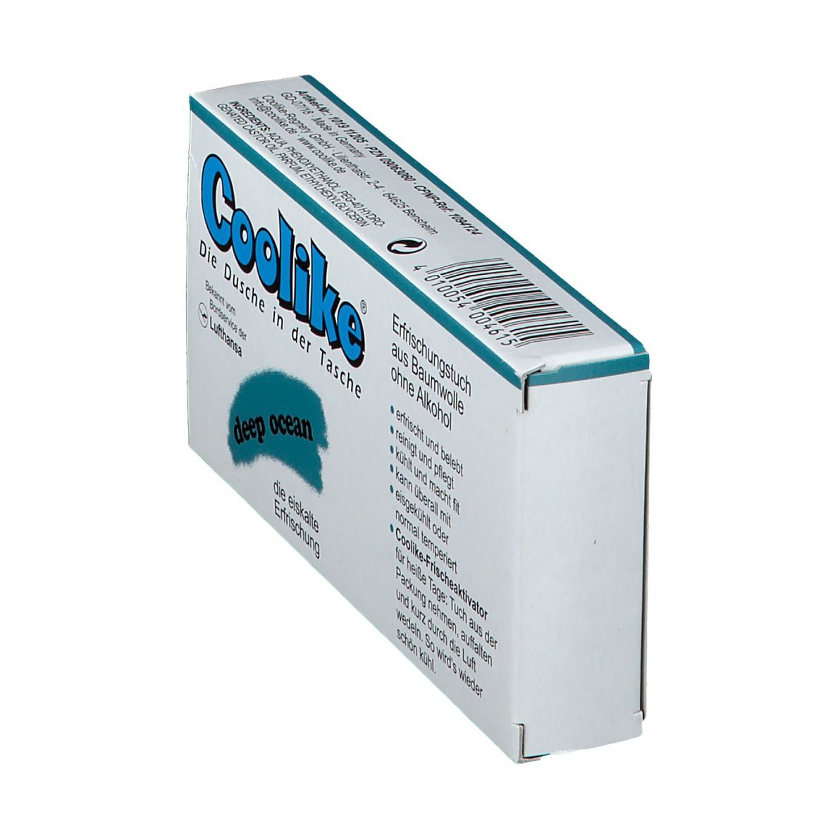 Emballage Coolike en biais. Inscription : Coolike, deep ocean, la fraîcheur glaciale. Texte : lingette rafraîchissante en coton sans alcool.