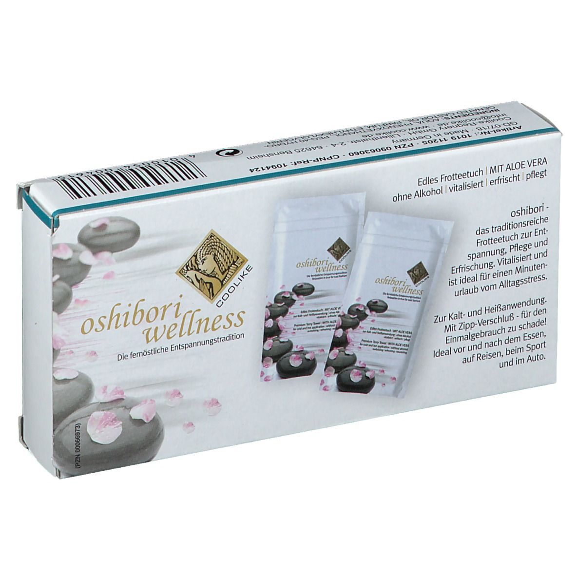 Emballage de serviettes Oshibori Wellness. Texte : Serviette éponge noble à l'aloe vera. Image : pierres et fleurs. Avec fermeture éclair.