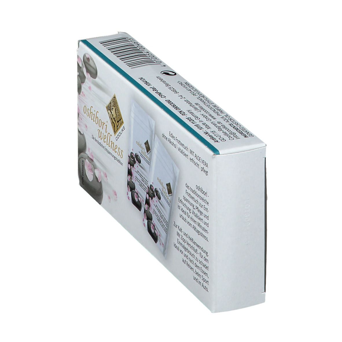 Emballage incliné avec serviettes Oshibori Wellness. Texte : Serviette éponge noble à l'aloe vera. Avec fermeture éclair.