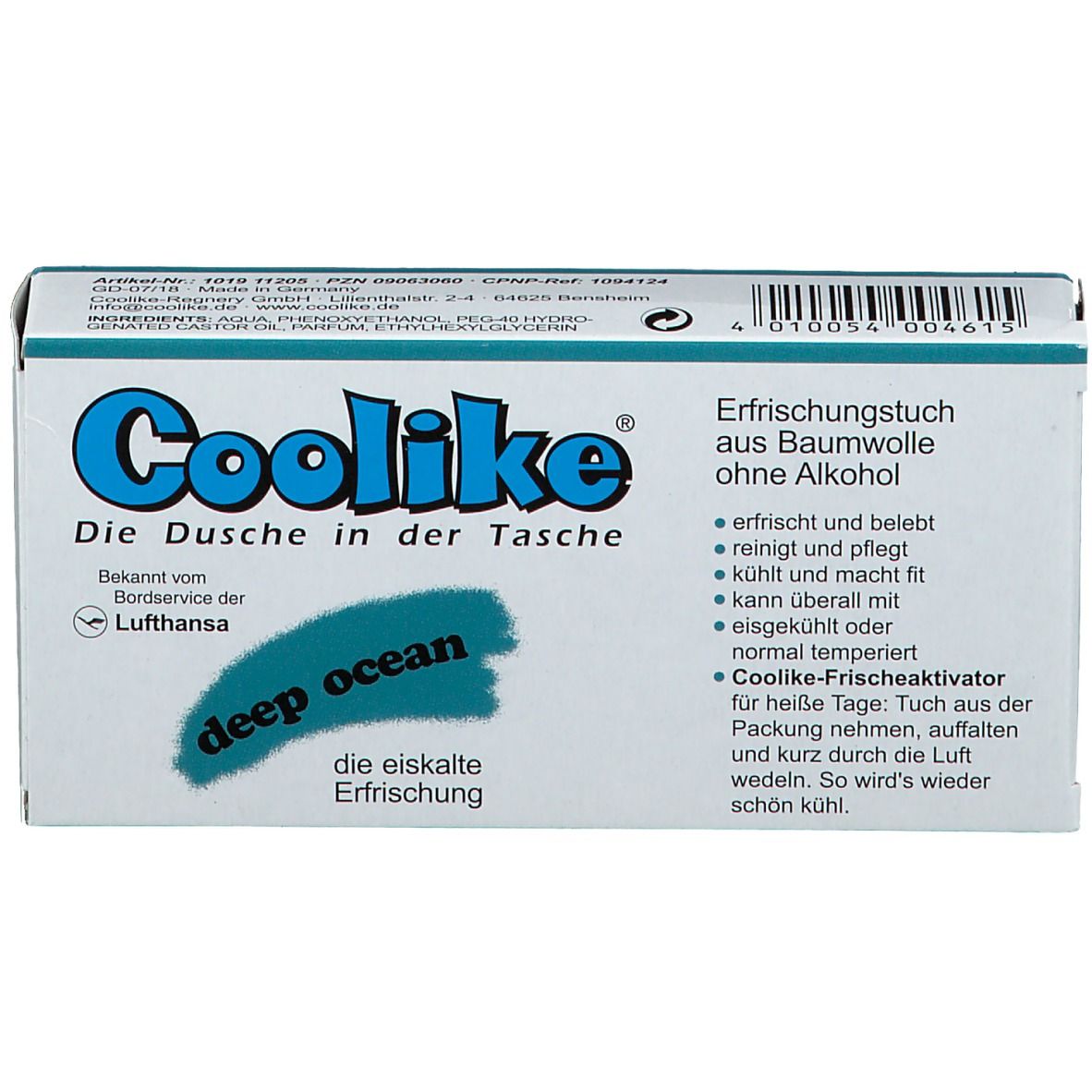 Boîte de lingettes rafraîchissantes Coolike. Texte : deep ocean, la fraîcheur glaciale. Inscription : lingette rafraîchissante en coton sans alcool.