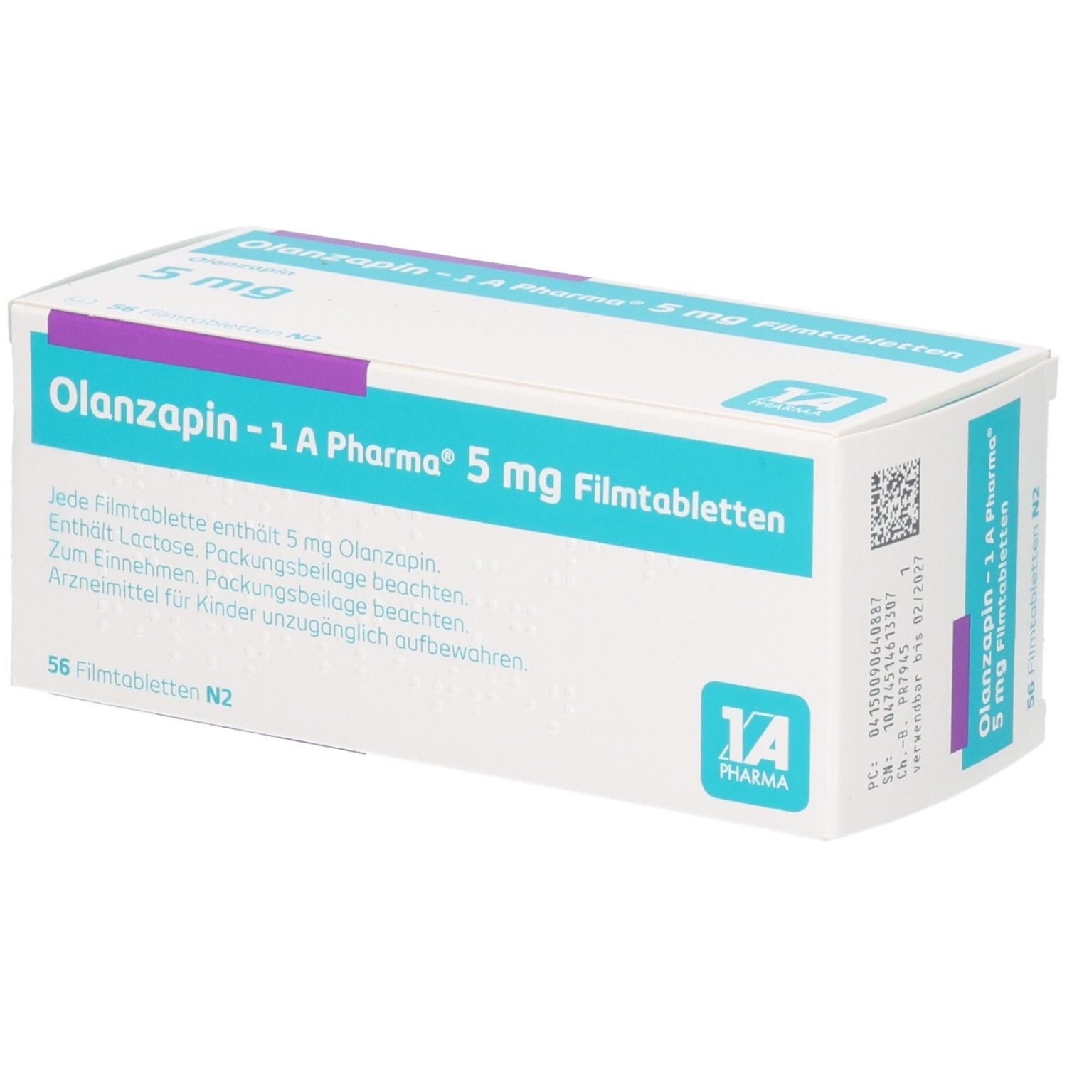 Schachtel mit Olanzapin - 1 A Pharma® 5 mg Filmtabletten. Enthält 56 Tabletten. Weiß, mit blauen und lila Akzenten. Text in Deutsch.