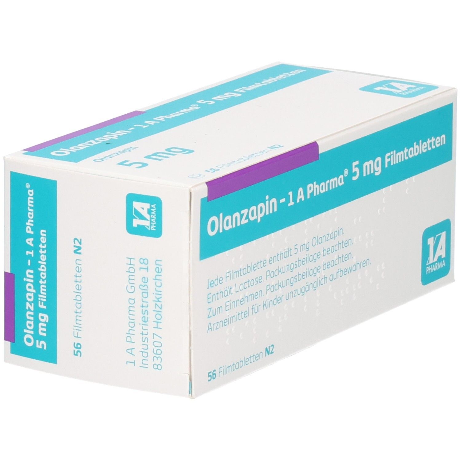 Schachtel Olanzapin - 1 A Pharma® 5 mg Filmtabletten. Weiß, mit blauen und lila Akzenten. 56 Tabletten. Text in Deutsch. Marke und Dosierung deutlich sichtbar.