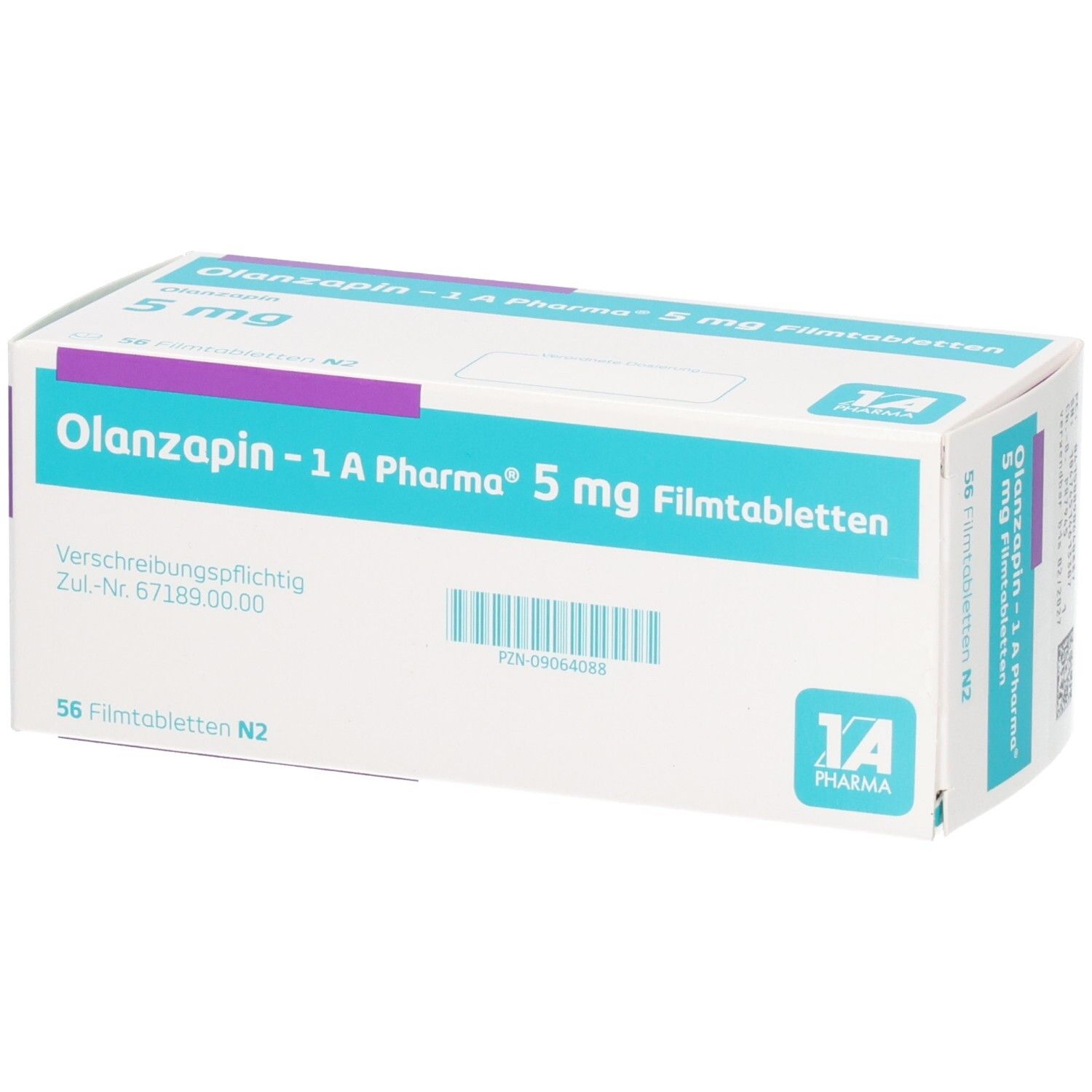 Schachtel Olanzapin - 1 A Pharma® 5 mg Filmtabletten. Weiß, mit blauen und lila Akzenten. 56 Tabletten. Text in Deutsch. Zulassungsnummer sichtbar.