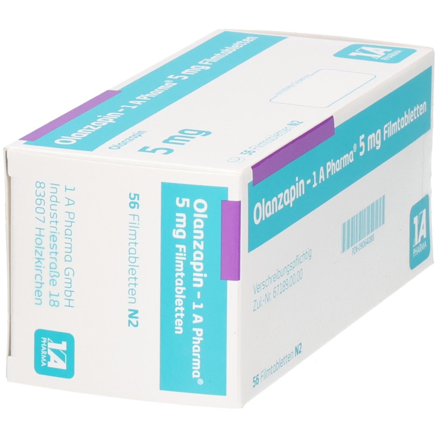 Schachtel Olanzapin - 1 A Pharma® 5 mg Filmtabletten. Weiß, mit blauen und lila Akzenten. 56 Tabletten. Text in Deutsch. Marke und Adresse des Herstellers.