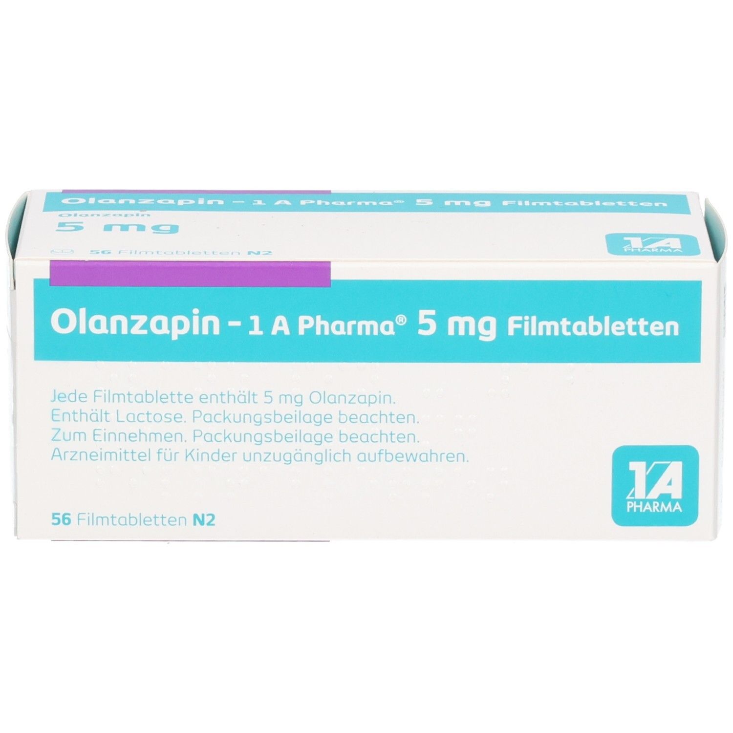 Schachtel Olanzapin - 1 A Pharma® 5 mg Filmtabletten. Weiß, mit blauen und lila Akzenten. 56 Tabletten. Text in Deutsch. Produktname und Dosierung.