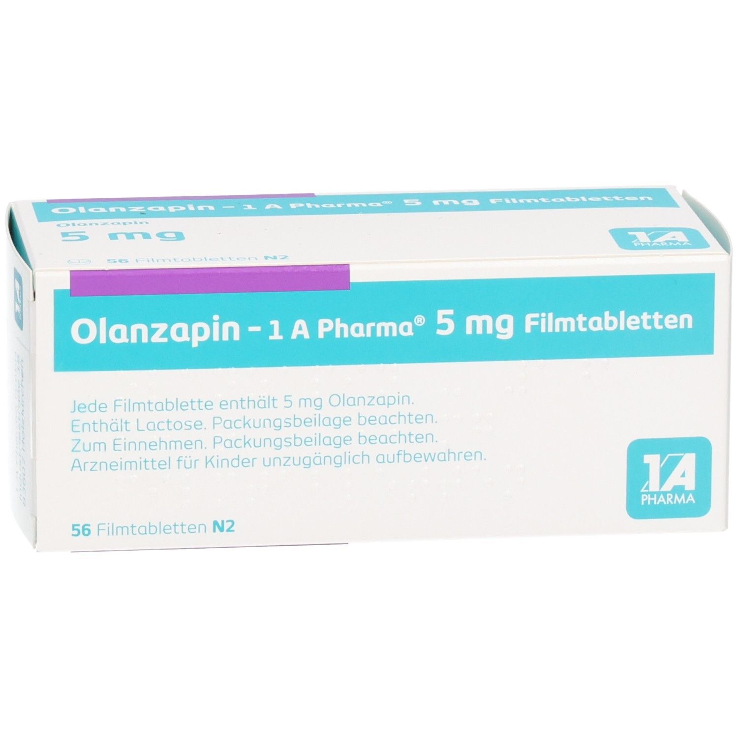 Schachtel Olanzapin - 1 A Pharma® 5 mg Filmtabletten. Weiß, mit blauen und lila Akzenten. 56 Tabletten. Text in Deutsch. Produktname und Dosierung.