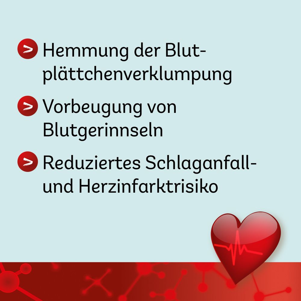 Text mit Vorteilen: Hemmung der Blutplättchenverklumpung, Vorbeugung von Blutgerinnseln, reduziertes Schlaganfallrisiko. Herz-Grafik.
